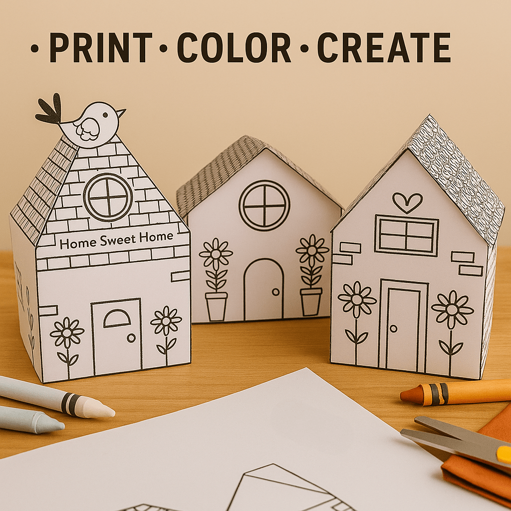 DIY paper house activity with coloring and cutting