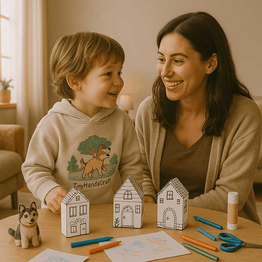 Kids coloring and building 3D paper townhouses