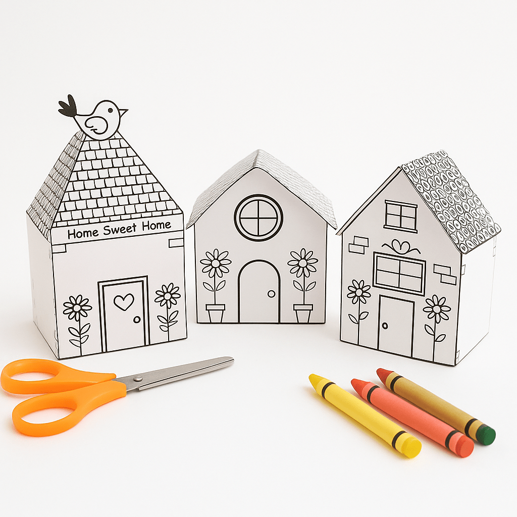 Printable 3D Paper Houses 1 – DIY Cut, Color & Craft Activity for Kids